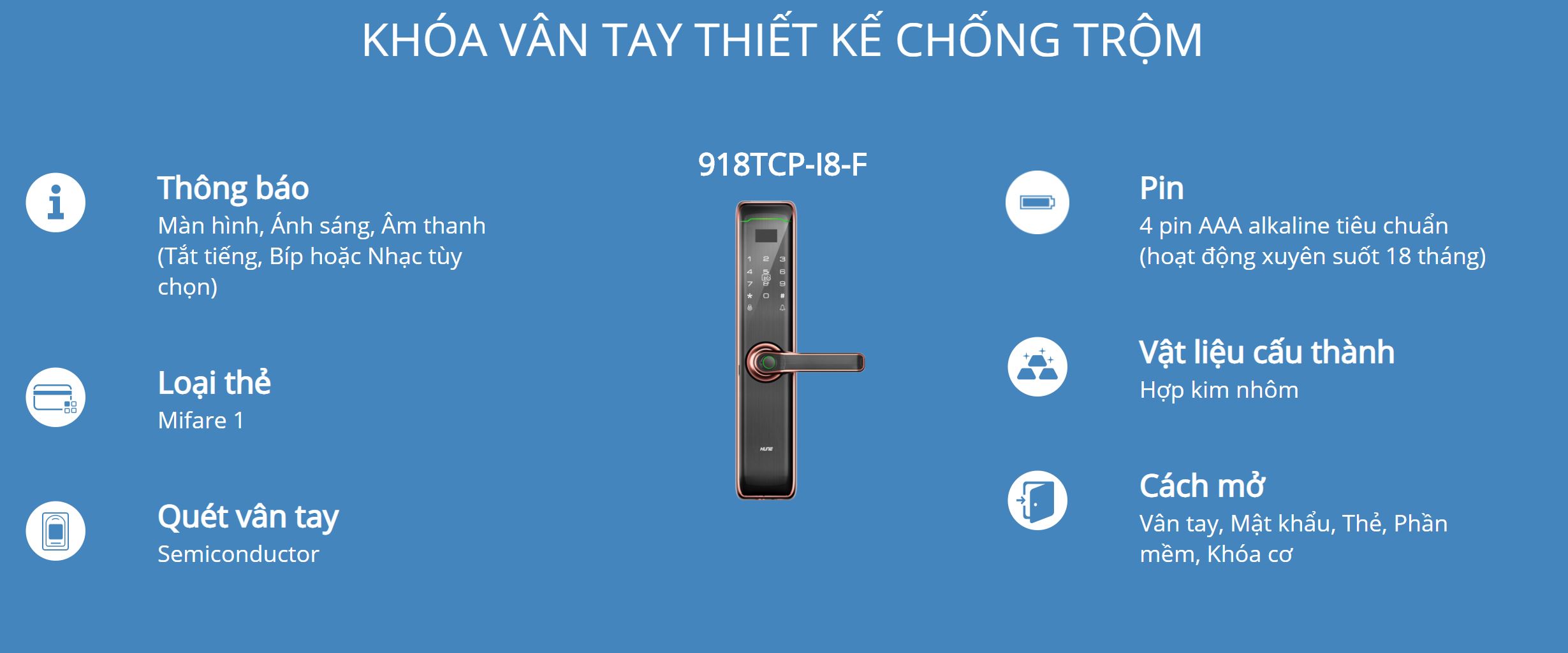 Thông tin kỹ thuật khóa Vân Tay Hune 918-I8-F